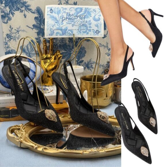🆕 KURT GEIGER LONDON 🧿 NWOB Belgravia Black Crystal Sling Back Heel, Sz 38 7.5 - Picture 1 of 16